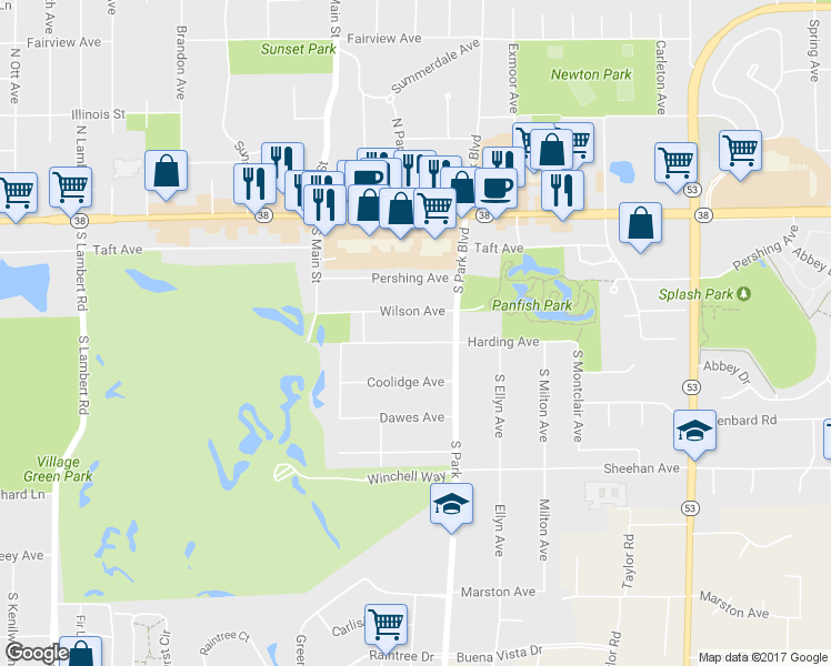 map of restaurants, bars, coffee shops, grocery stores, and more near 582 Harding Avenue in Glen Ellyn