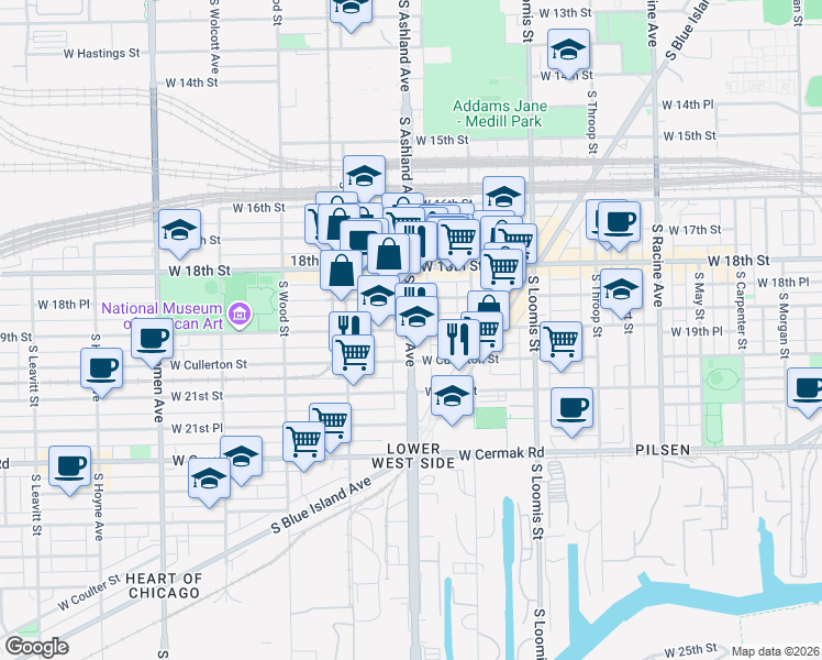 map of restaurants, bars, coffee shops, grocery stores, and more near S Ashland Ave & W 19th St in Chicago