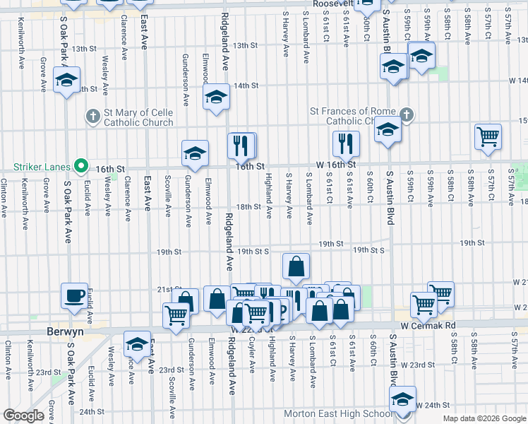 map of restaurants, bars, coffee shops, grocery stores, and more near 1804 Highland Ave in Berwyn