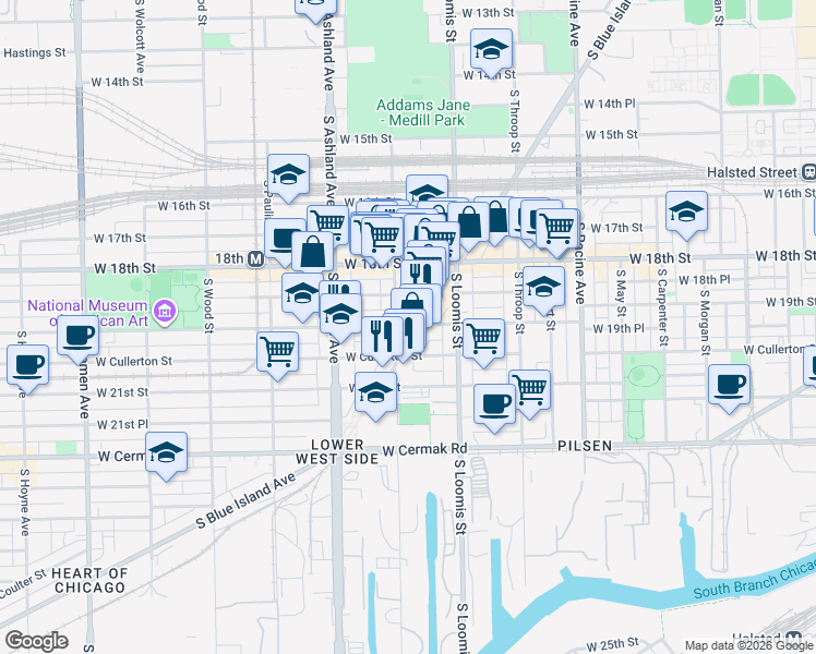 map of restaurants, bars, coffee shops, grocery stores, and more near 1453 West 19th Street in Chicago