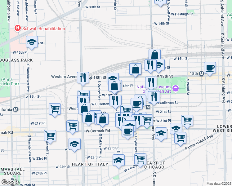 map of restaurants, bars, coffee shops, grocery stores, and more near 2200 West 19th Street in Chicago