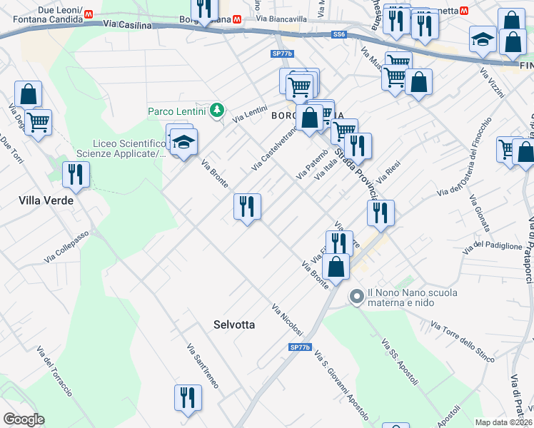 map of restaurants, bars, coffee shops, grocery stores, and more near 43 Via Cammarata in Roma