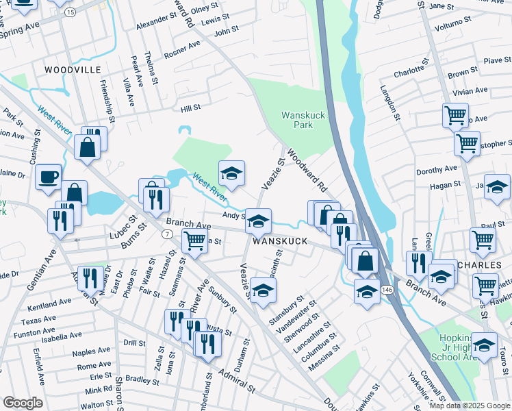 map of restaurants, bars, coffee shops, grocery stores, and more near 540 Veazie Street in Providence