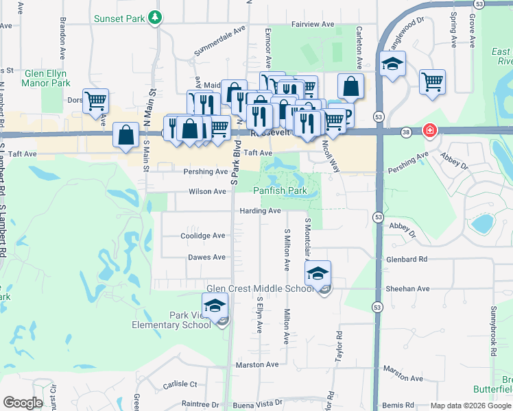 map of restaurants, bars, coffee shops, grocery stores, and more near 640 Harding Avenue in Glen Ellyn