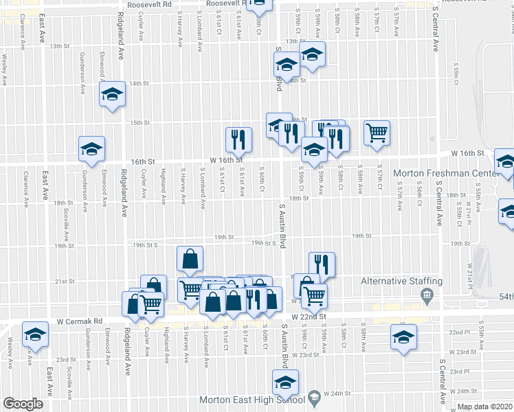 map of restaurants, bars, coffee shops, grocery stores, and more near 1804 South 60th Court in Cicero