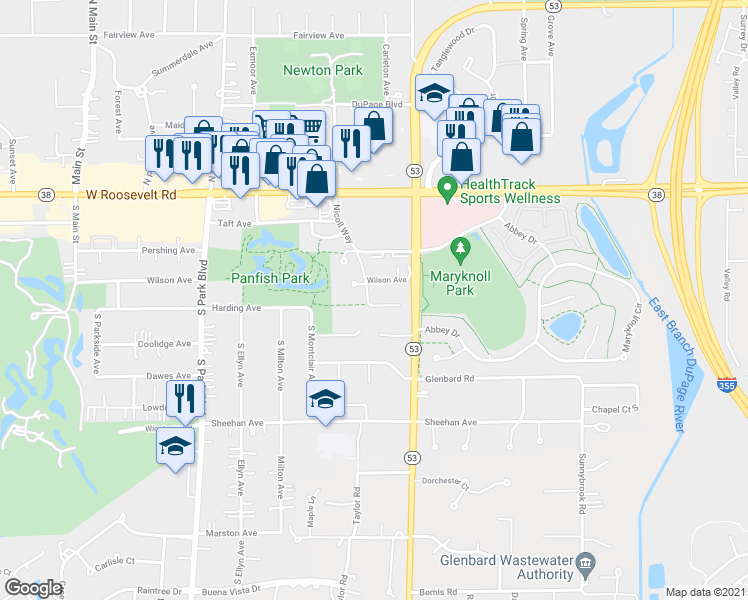 map of restaurants, bars, coffee shops, grocery stores, and more near 97 S Nicoll Way in Glen Ellyn