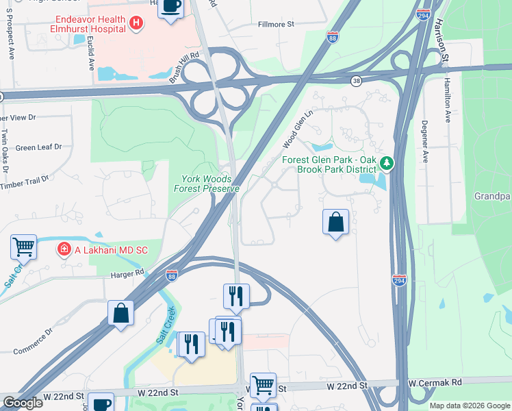 map of restaurants, bars, coffee shops, grocery stores, and more near 5 Meadowood Drive in Oak Brook