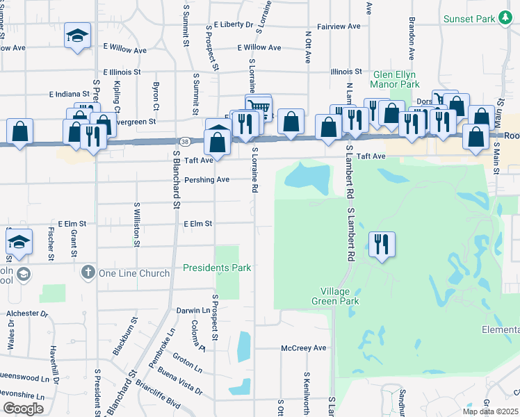 map of restaurants, bars, coffee shops, grocery stores, and more near 1001 South Lorraine Road in Wheaton