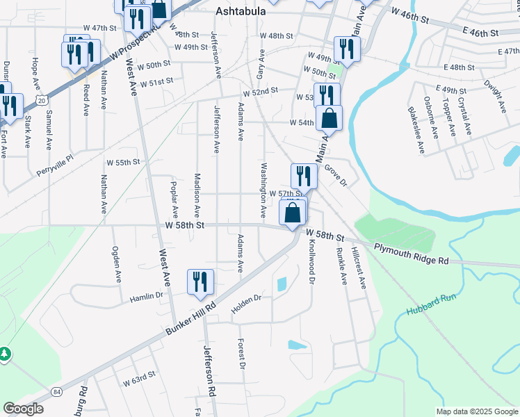 map of restaurants, bars, coffee shops, grocery stores, and more near 5725 Washington Avenue in Ashtabula