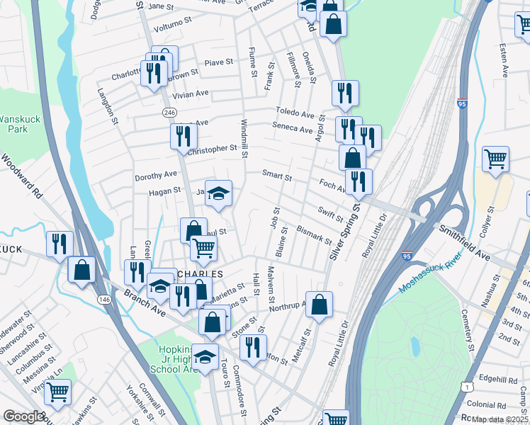 map of restaurants, bars, coffee shops, grocery stores, and more near 16 Linda Court in Providence