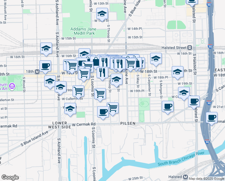 map of restaurants, bars, coffee shops, grocery stores, and more near 1901 S Throop St in Chicago