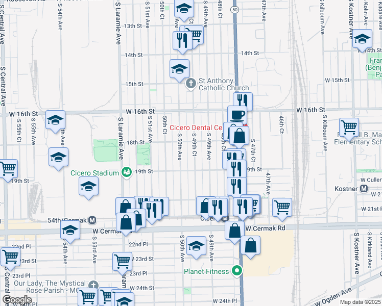 map of restaurants, bars, coffee shops, grocery stores, and more near 1814 South 49th Court in Cicero