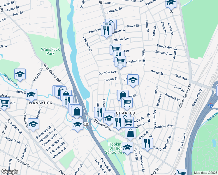 map of restaurants, bars, coffee shops, grocery stores, and more near 23 Mendon Street in Providence