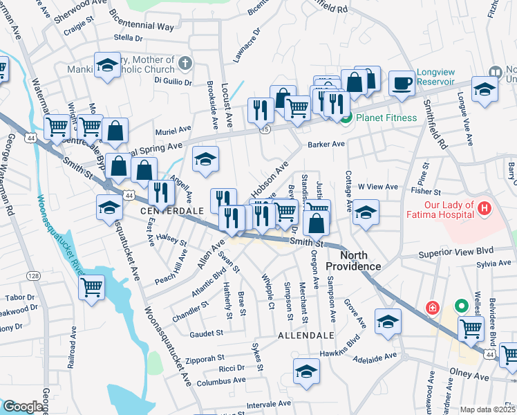 map of restaurants, bars, coffee shops, grocery stores, and more near 84 Olympia Ave in North Providence