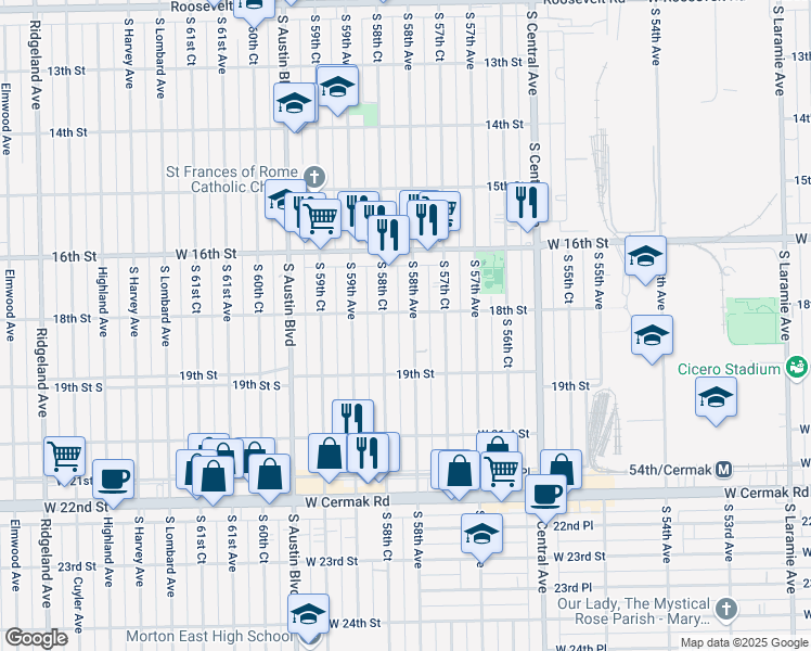 map of restaurants, bars, coffee shops, grocery stores, and more near 1806 South 58th Avenue in Cicero