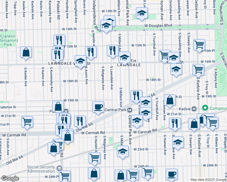 map of restaurants, bars, coffee shops, grocery stores, and more near 1837 South Lawndale Avenue in Chicago