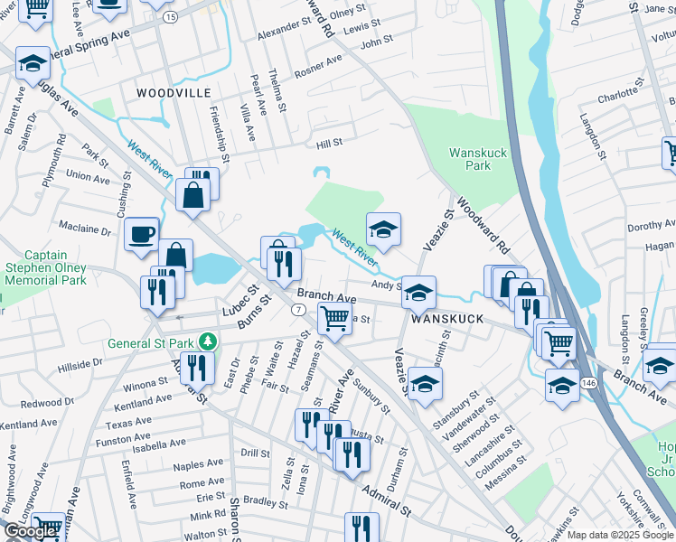 map of restaurants, bars, coffee shops, grocery stores, and more near 65 Wild Street in Providence