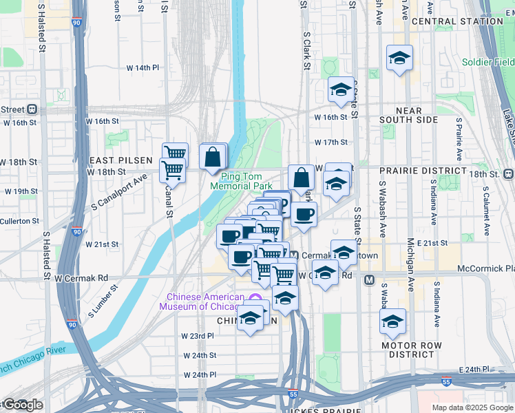 map of restaurants, bars, coffee shops, grocery stores, and more near 1929 South Wells Street in Chicago