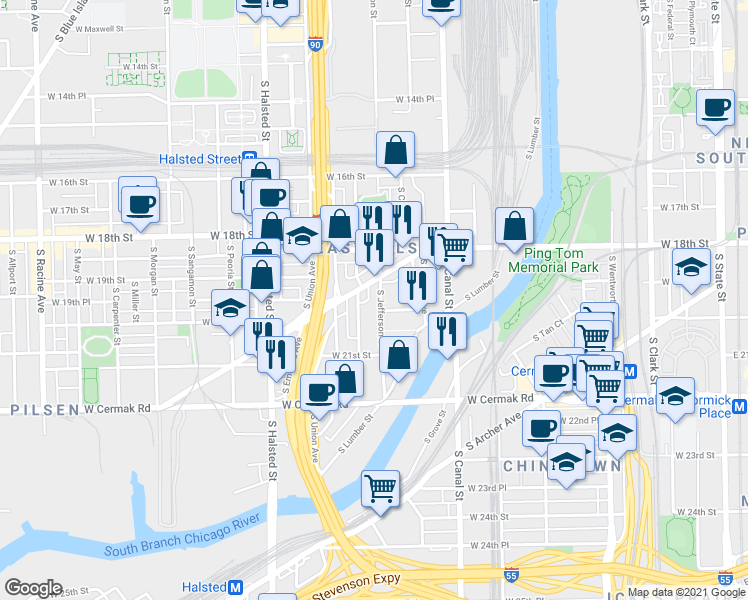 map of restaurants, bars, coffee shops, grocery stores, and more near 1924 South Jefferson Street in Chicago