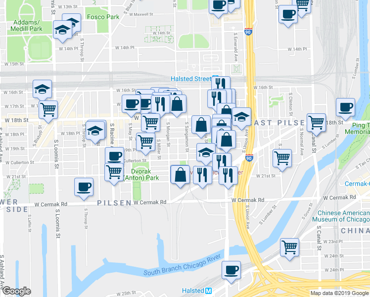 map of restaurants, bars, coffee shops, grocery stores, and more near 919 West 19th Place in Chicago