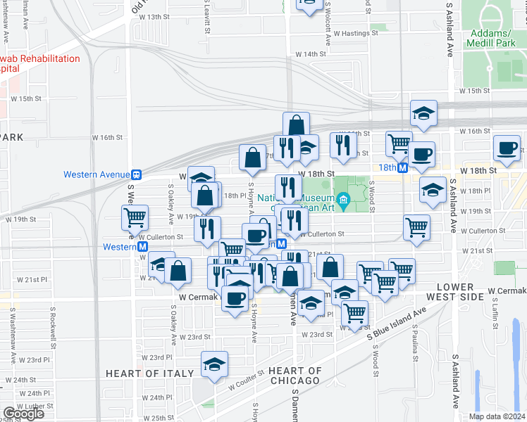 map of restaurants, bars, coffee shops, grocery stores, and more near 2054 West 19th Street in Chicago