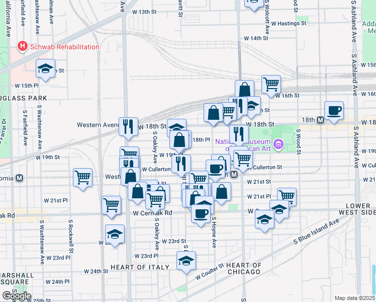 map of restaurants, bars, coffee shops, grocery stores, and more near 2200 West 19th Street in Chicago