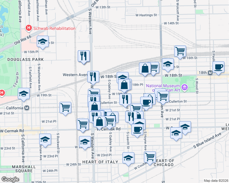 map of restaurants, bars, coffee shops, grocery stores, and more near 2240 West 19th Street in Chicago