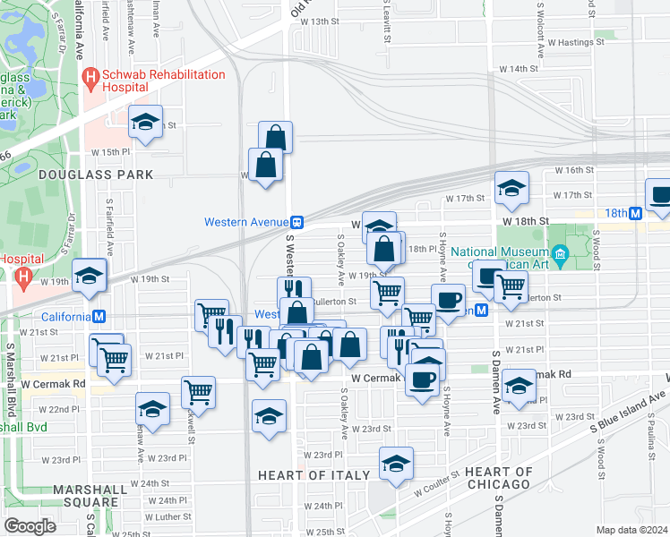 map of restaurants, bars, coffee shops, grocery stores, and more near 2316 West 19th Street in Chicago