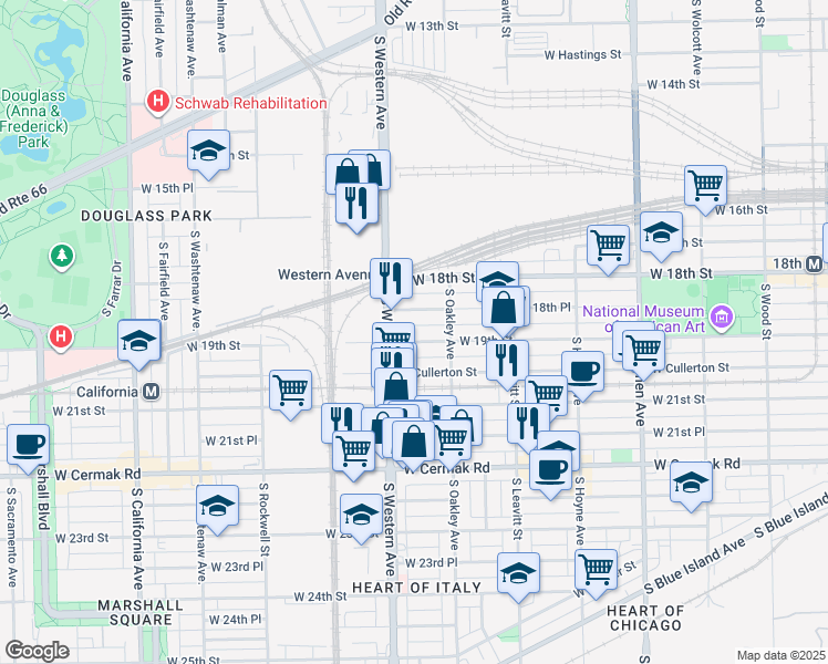 map of restaurants, bars, coffee shops, grocery stores, and more near 2316 West 19th Street in Chicago