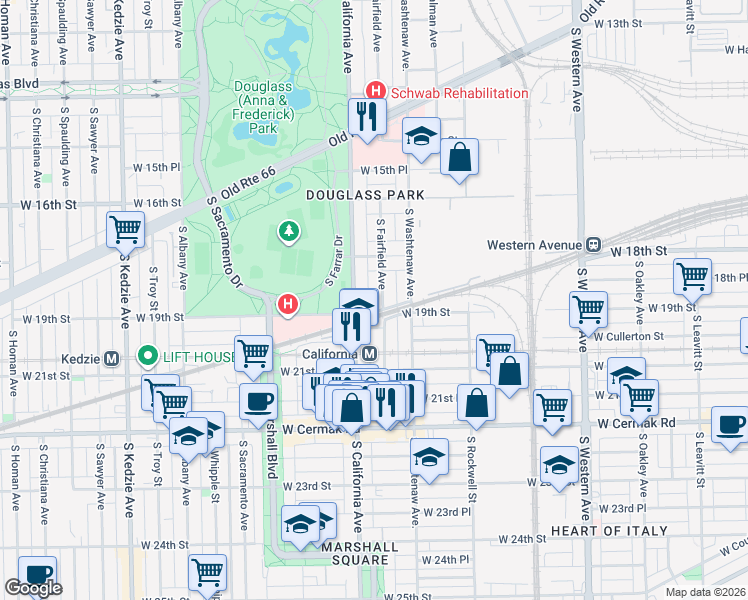 map of restaurants, bars, coffee shops, grocery stores, and more near 1840 South Fairfield Avenue in Chicago