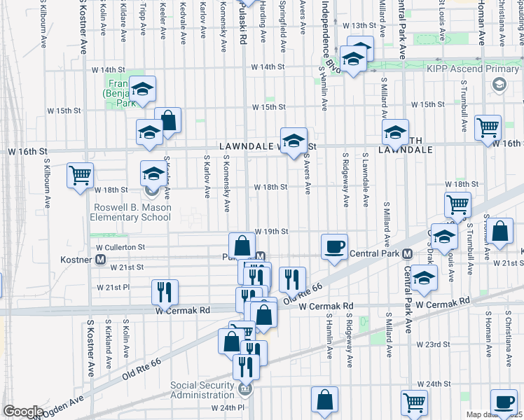 map of restaurants, bars, coffee shops, grocery stores, and more near 1835 South Pulaski Road in Chicago