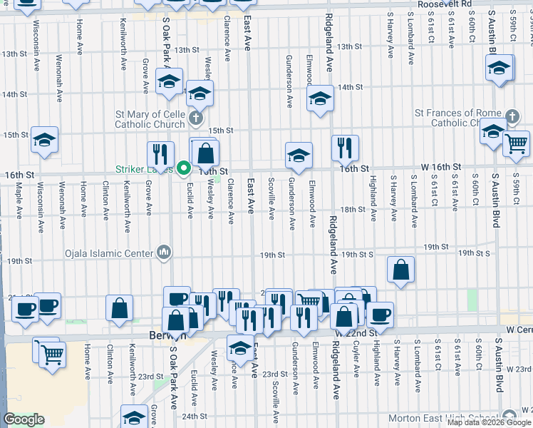 map of restaurants, bars, coffee shops, grocery stores, and more near 1800 Scoville Avenue in Berwyn