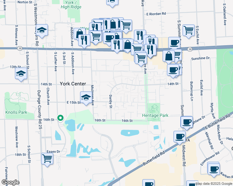 map of restaurants, bars, coffee shops, grocery stores, and more near 18W179 Standish Lane in Villa Park