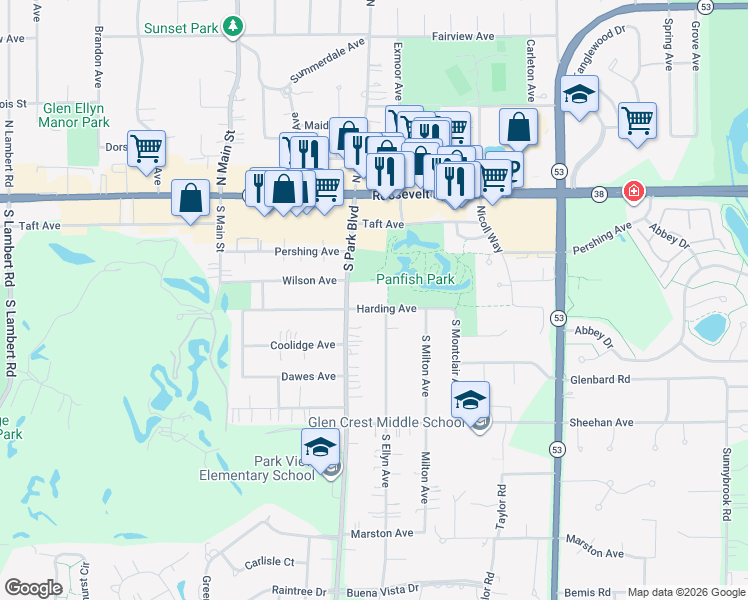 map of restaurants, bars, coffee shops, grocery stores, and more near 640 Harding Avenue in Glen Ellyn