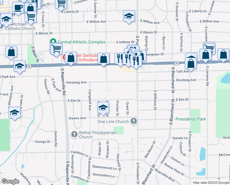 map of restaurants, bars, coffee shops, grocery stores, and more near 718 Weaver Court in Wheaton
