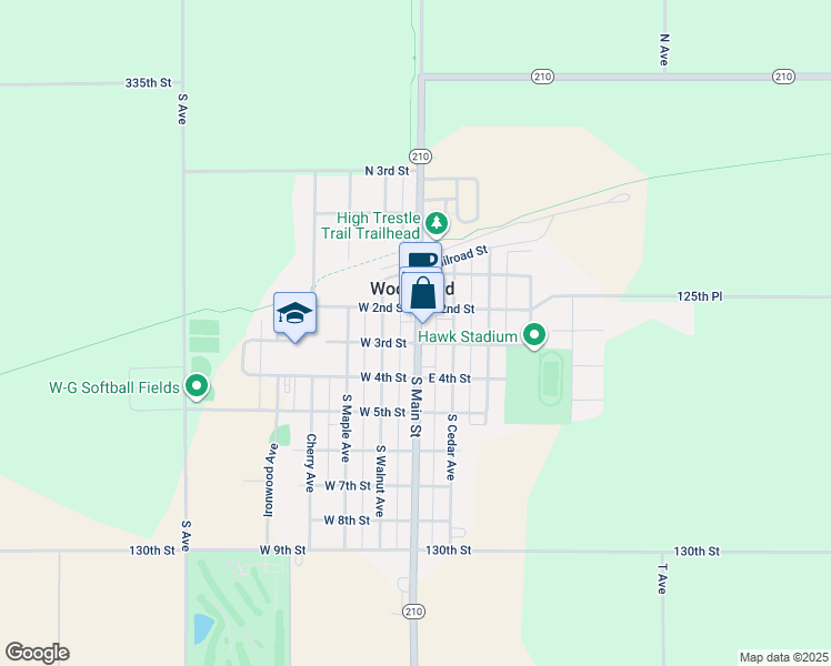 map of restaurants, bars, coffee shops, grocery stores, and more near 218 South Main Street in Woodward