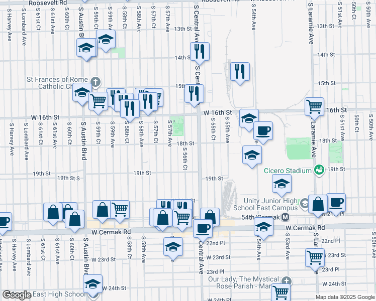 map of restaurants, bars, coffee shops, grocery stores, and more near 1811 South 56th Court in Cicero