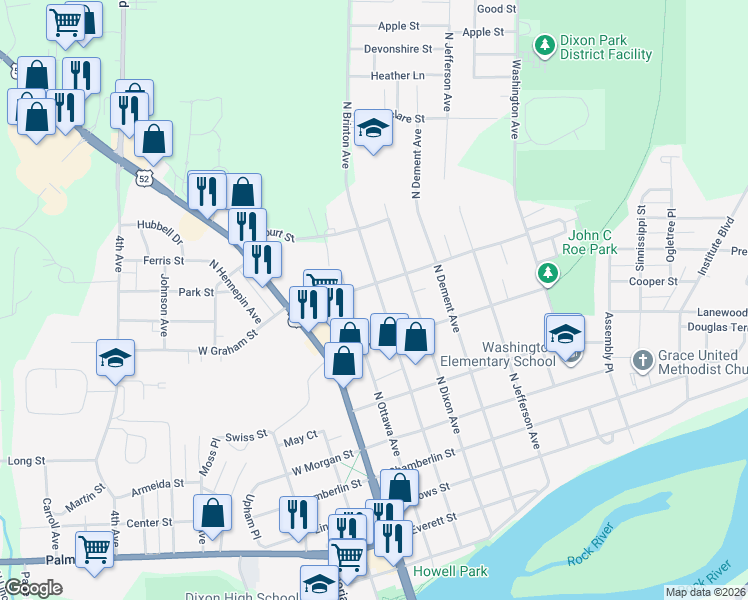 map of restaurants, bars, coffee shops, grocery stores, and more near 835 North Brinton Avenue in Dixon