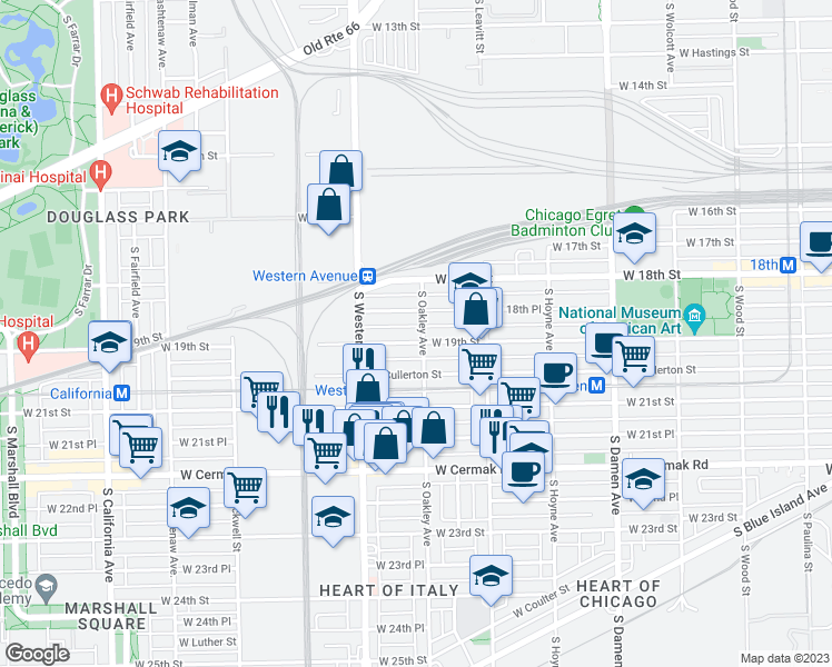 map of restaurants, bars, coffee shops, grocery stores, and more near 2316 West 19th Street in Chicago