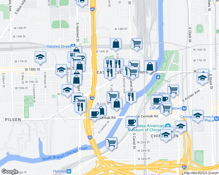 map of restaurants, bars, coffee shops, grocery stores, and more near 1924 South Jefferson Street in Chicago