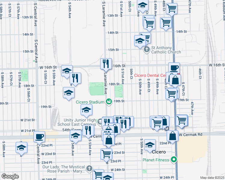 map of restaurants, bars, coffee shops, grocery stores, and more near 1812 South 51st Court in Cicero