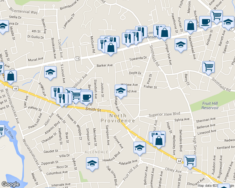 map of restaurants, bars, coffee shops, grocery stores, and more near 93 Cottage Avenue in North Providence