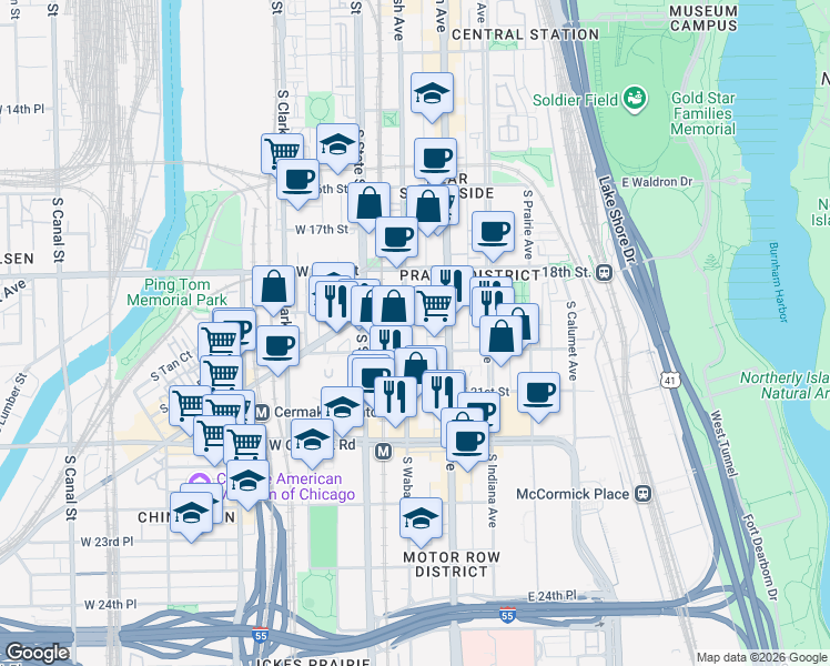 map of restaurants, bars, coffee shops, grocery stores, and more near 1919 South Wabash Avenue in Chicago