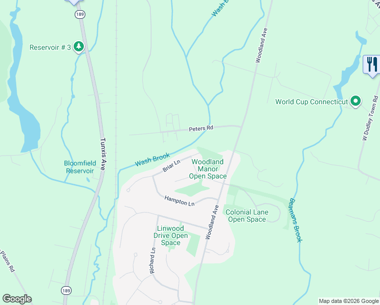 map of restaurants, bars, coffee shops, grocery stores, and more near 4 Briar Lane in Bloomfield