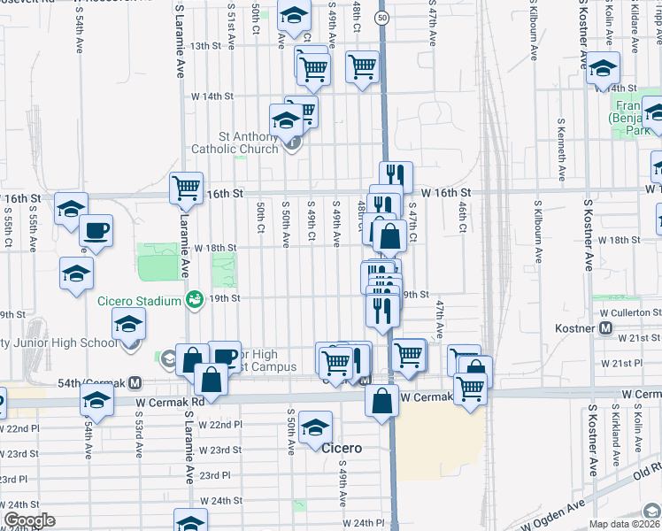 map of restaurants, bars, coffee shops, grocery stores, and more near 1814 S 49th Ave in Cicero