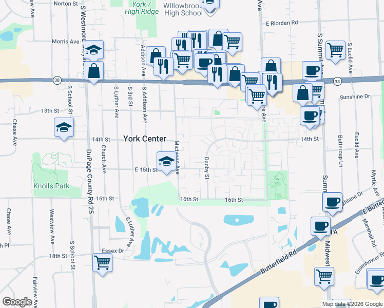 map of restaurants, bars, coffee shops, grocery stores, and more near 1S233 Ingersoll Lane in Villa Park