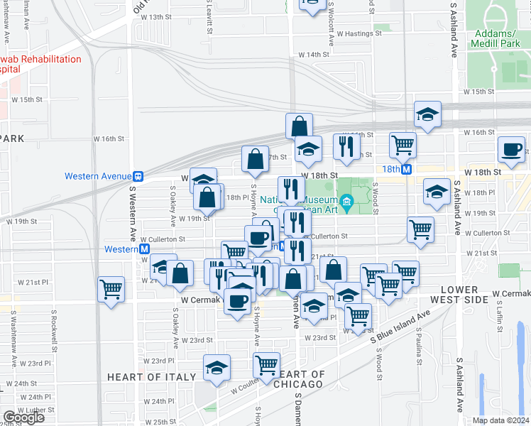 map of restaurants, bars, coffee shops, grocery stores, and more near 2054 West 19th Street in Chicago