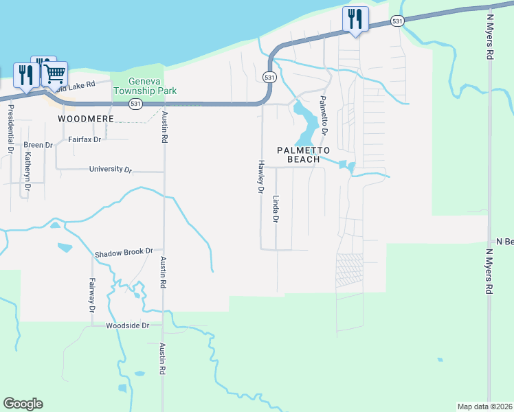 map of restaurants, bars, coffee shops, grocery stores, and more near 4825 Hawley Dr in Geneva