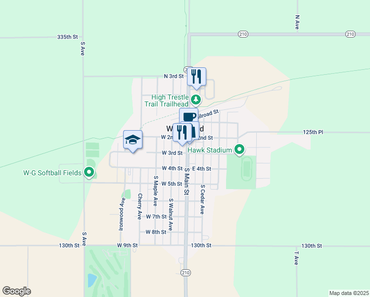 map of restaurants, bars, coffee shops, grocery stores, and more near 218 South Main Street in Woodward