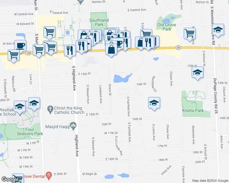 map of restaurants, bars, coffee shops, grocery stores, and more near 1402 South Fairfield Avenue in Lombard